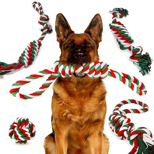 5-Pack Durable Rope Chew Toys for Large & Medium Dogs - Natural Cotton Strong Tug Toys Set for Aggressive Chewers, Interactive Play & Teeth Cleaning - color: Red+White