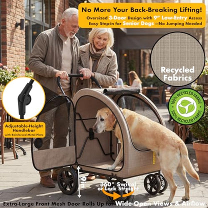 PAWZIDEA 3-in-1 Large Dog Stroller with Detachable Carrier up 100lbs, Foldable Dog Crate for Car Travel, All-Terrain Pet Stroller for 2 Medium Dogs, Jogger Wheels, Adjustable Handle, Stroage Organizer - color: Khaki Plaid