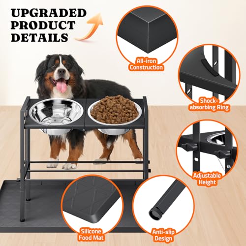 Raised Metal Dog Bowls - Large Breed, 3 Heights, Sturdy Stand for Extra Large Dogs, Black with Mat - color: Black+Mat L