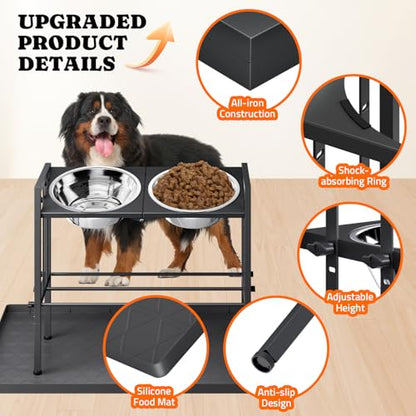 Raised Metal Dog Bowls - Large Breed, 3 Heights, Sturdy Stand for Extra Large Dogs, Black with Mat - color: Black+Mat L