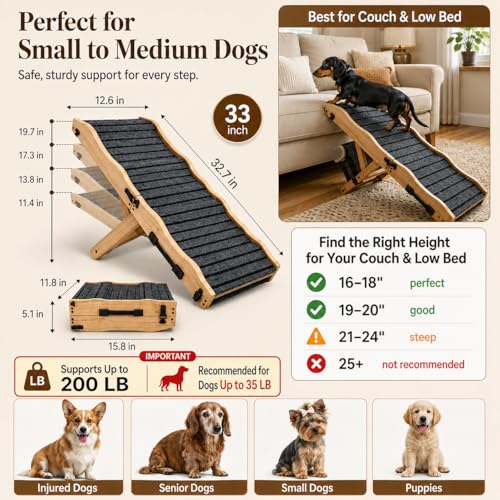 2026 Upgraded Dog Ramp for Couch & Low Bed, 33" L Folding Wood Pet Ramp 200LB Capacity, 4-Level Adjustable Height 11"-20", Non-Slip Sturdy Puppy Ramp for Small & Senior Dogs, Joint Relief, Wavy Design - color: 33"l Small