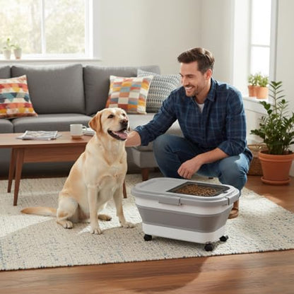 Summark 15 Lbs Dog/Cat Food Storage Container,Collapsible Food Storage Containers with Rolling Wheel Airtight Locking Lid,Pet Food Storage Container with Cup and Scoop,Grey - color: Grey
