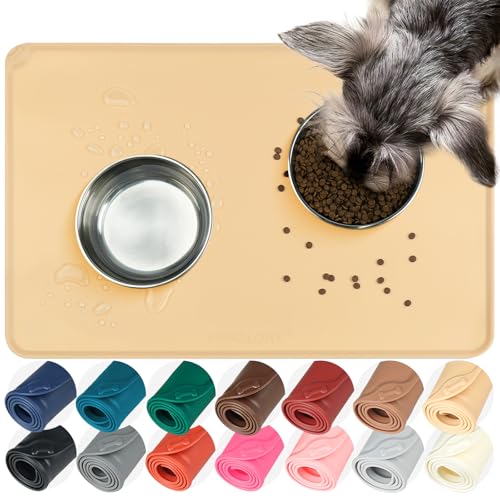 VIVAGLORY Pet Food Mat Flexmat Dog Bowl Mat, L, Beige Yellow | Non Slip Silicone for Pet Kitten & Doggy, Placemat with Lip for Floor - color: Beige Yellow, size: L (24.0 x 15.7in)