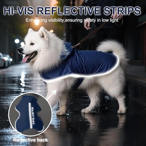 Dog Raincoat Adjustable Pet Waterproof Clothes Lightweight Rain Jacket Poncho Hoodies with Strip Reflective (Blue, Large) - color: Blue, size: Large