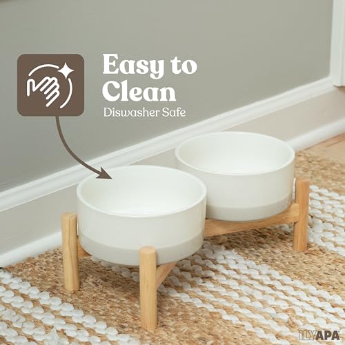 Ilyapa Ceramic Dog Bowls - Elevated for Medium Sized Pet with Raised Food and Water Set - Gray Double 6 inch, 28 Oz Bowls & 13x6.3x5.5 Wooden Stand - color: Gray