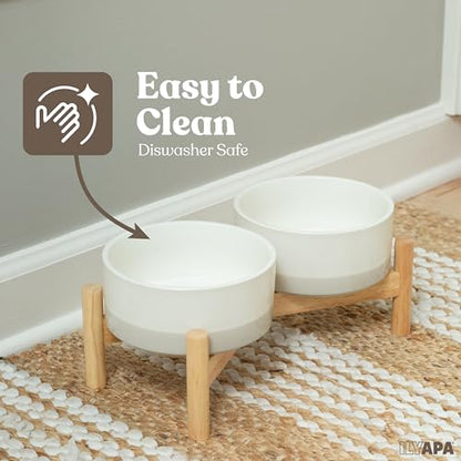 Ilyapa Ceramic Dog Bowls - Elevated for Medium Sized Pet with Raised Food and Water Set - Gray Double 6 inch, 28 Oz Bowls & 13x6.3x5.5 Wooden Stand - color: Gray