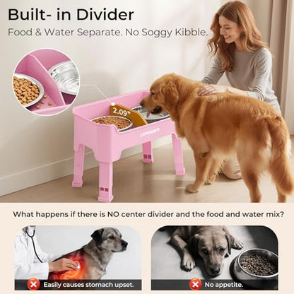 URPOWER Mess Proof Elevated Dog Bowls 4 Height Adjustable Raised Bowl Stand with 2 Stainless Steel Dog Bowls Non-Slip Food and Water Bowl Set for Small, Medium, Large Dogs, Pink - color: Pink, size: Medium