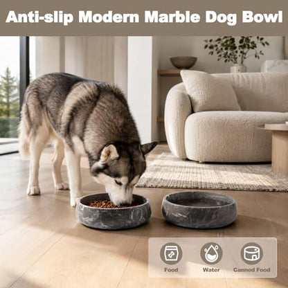 Karibiber Marble Dog Bowl, 6lbs Weighted Dog Food Bowl, Non-Slip Large Heavy Water Bowls, Grey Stone Food and Water Dish for Medium Dogs, Natural Marble, Easy to Clean, Holds 6 Cups - color: Deep Grey, size: L