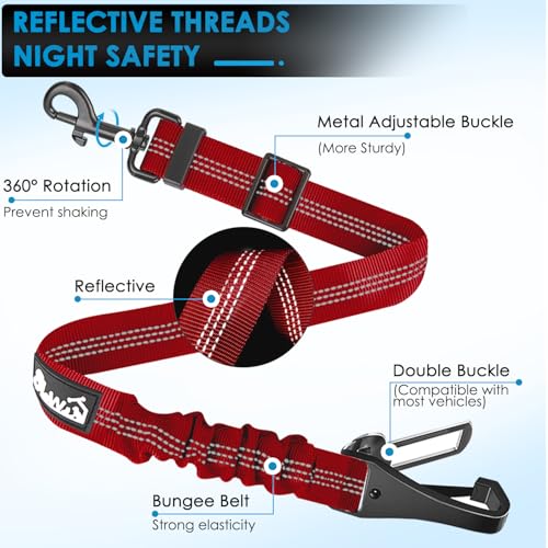 Lukovee Dog Seatbelt Leash for Cars, 2 Pack Pet Safety Seat Belt with Adjustable Buckle & Reflective Bungee, Connect Dog Harness in Vehicle Dogs Restraint Travel Daily Use (Red) - color: Red