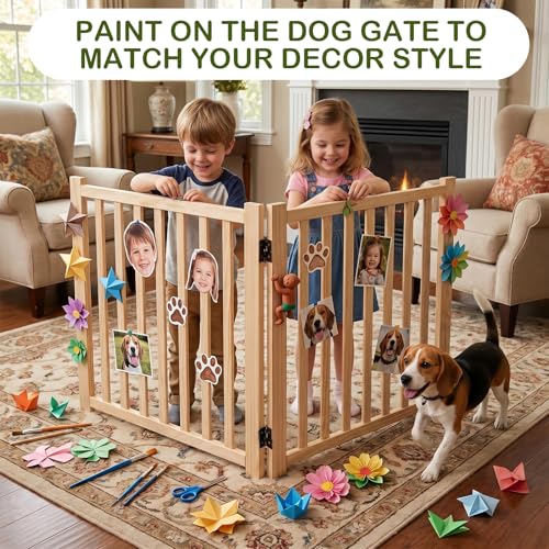Wooden Freestanding Dog Gate Indoor, 23" H Foldable Dog Gates, No-Painted Portable Puppy Fence for Hallway Stairs, Doggy Barrier- 3 Panels - size: 【3 Panels】H:23''