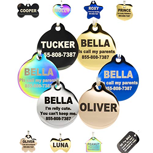 Engraved Dog Tags Personalized - Stainless Steel Engraved Dog Cat ID Tags Front & Back up to 8 Lines of Text Color Plating Gold, Rose Gold, Blue, Black, Nebula by PetANTastic - size: Small