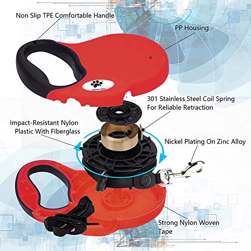16ft Retractable Dog Leash for Large Breed Dogs up to 110 lbs with a Detachable Chew Proof Extender Wire Ropes (Red L) - color: Red, size: Large