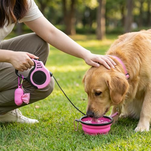 PETIMP Retractable Dog Leash Lightweight 16FT Leash, with Folding Bowl,Dispenser,Waste Bags, for Small Medium Dogs(Pink) - color: PINK