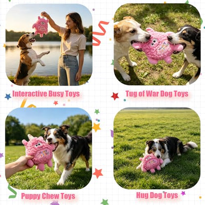 Plush Dog Birthday Toy for Girl Boy Gifts, Crinkle Squeaky Dog Toy Keep Them Busy Tug of War Stuffed Dog Chew Toy for Small Medium Large Dogs (Pink) - color: Pink