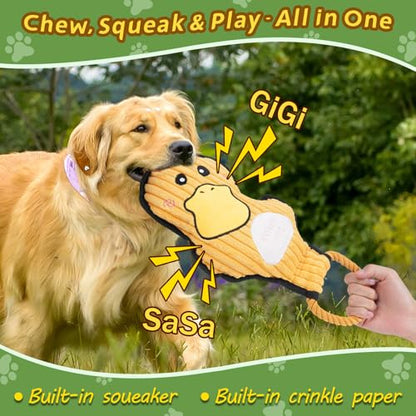 2-Pack Crinkle and Squeaky Dog Toys & Tough Tug of War Set - No Stuffing Chew-Resistant Plush Toys to Keep Them Busy, Best Birthday Gift for Small/Medium/Large Breeds (Ducks & Dino) - color: Ducks & Dino