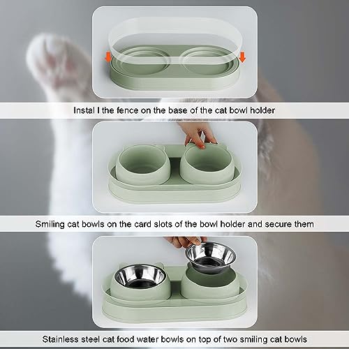 Elevated Raise Tilted Cat Food Bowls,with Stand Stainless Steel, Anti Vomiting, Double Cat Food and Water Bowl Set (Green) - color: Green
