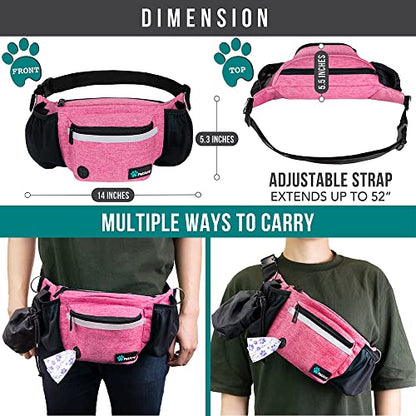 PetAmi Dog Fanny Pack, Treat Pouch for Dog Walking, Training, Built in Poop Bag Dispenser, Water Bottle Holder, Collapsible Bowl, Pet Treat Waist Belt for Hiking, Running, Kibbles (Pink) - color: Pink