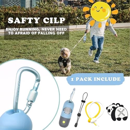 Dog Poop Bag Holder with LED Flashlight for Night Walks,Silicone Tether & Panda Pattern Clip for Used Bags, Hands-Free Metal Leash Carabiner, Includes 15 Scented Waste Bags (Blue) - color: Blue