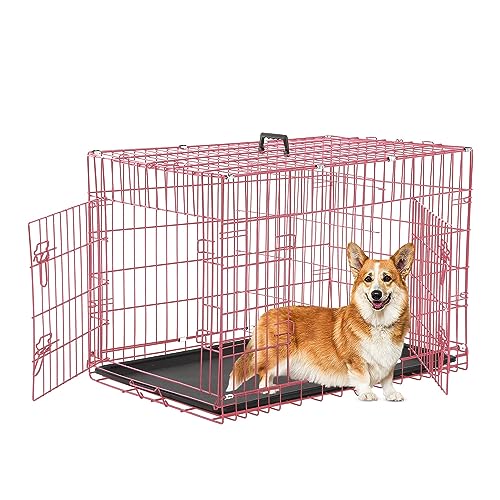 Foldable 36" Dog Crate - Double Door Metal Kennel with Leak-Proof Tray/Divider, Portable & Collapsible for Medium Dogs Indoor - color: Pink, size: 36 inch