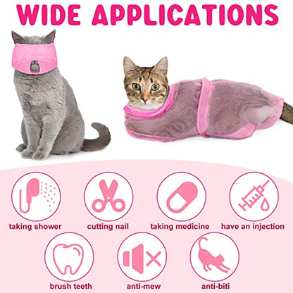 9 Pcs Cat Bathing Bag Set Cat Shower Bag Anti Bite and Scratch for Pet Grooming Washing Brush Comb Muzzle Nail Clipper Nail File Tick Tool(Pink) - color: Pink