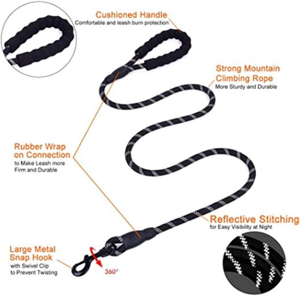 Strong Nylon Dog Leash Rope with Comfortable Padded Handle Training Lead for Medium and Large Breeds Dogs - Heavy Duty 5ft Long - color: Black