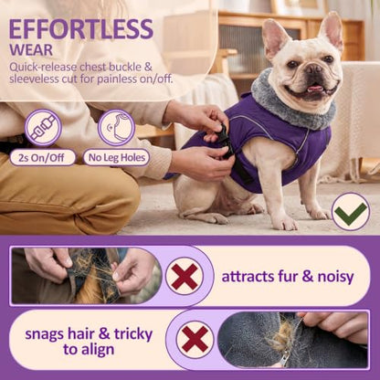 DENTRUN Warm Dog Winter Coat, Easy On Reflective Turtleneck Fleece Jacket | Adjustable buckle, easy on off, windproof & water-repellent, thick fleece snowsuit, outfit fits small to large breeds - color: Purple, size: Small
