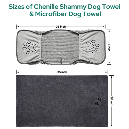 HOMEIDEAS 2 Pack Dog Towels Set, Chenille and Microfiber, Super Absorbent Soft Bath Shammy Towel with Hand Pockets for Pets Drying