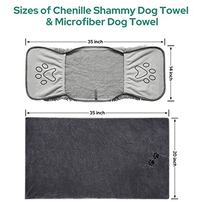 HOMEIDEAS 2 Pack Dog Towels Set, Chenille and Microfiber, Super Absorbent Soft Bath Shammy Towel with Hand Pockets for Pets Drying