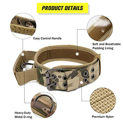Tactical Dog Collar with Handle - Military Adjustable Dog Training Collar Soft Nylon and Heavy Duty Metal Buckle for Medium Large Dogs - with Patch (Camo with Patch, Medium) - color: Camo with Patch, size: Medium