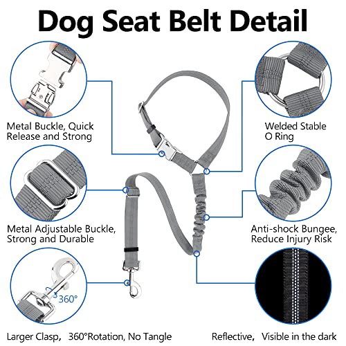 Plutus Pet Dog Seat Belt for Car Headrest, Reflective and Adjustable Restraint with Elastic Bungee for Safety, Vehicle Seatbelt Harness for Small Medium Large Dogs and Cats - color: Gray