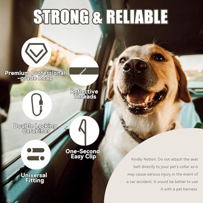 Dog Seat Belt for Car, Reflective Heavy-Duty Dog Seatbelt for Vehicle, Dual Clip Hook, Buckle and Carabiner, Strong Rope, Pet Tether Safety Restraint for All Dogs Holiday Outdoor Travel, Green
