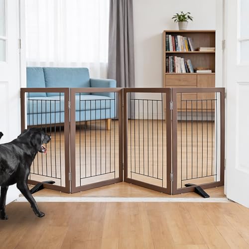 Dog Fence Indoor - 4-Panel Freestanding Dog Gate for Doorways, Hallways, House or Stairs -80x32-Inch Retractable Foldable Expandable Wood Pet by SFJC (Brown) - color: Brown, size: 【4 Panels】80''w X 32''h
