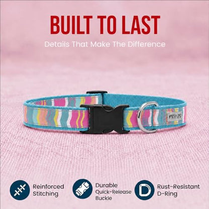 THE WORTHY DOG Spring Holiday Fiesta Stripe Dog Collar – Durable Nylon, Woven Ribbon, Quick-Release Buckle, Nickel D-Ring – Teal, Small - color: Fiesta Stripe - Teal, size: Small