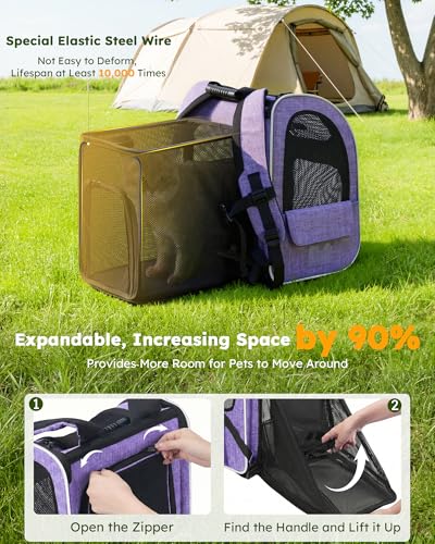 pecute Cat Backpack Expandable, Cat Carrier with Breathable Window - color: Purple, size: 12.6"L x 10.2"W x 16.5"H