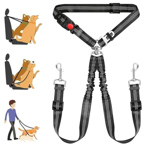 Double Dog Seat Belt for Car, Adjustable Headrest Restraint Safety Seatbelt with Reflective Bungee & Tangle-Free Swivel, No-Pull Split Leash for Vehicle Travel & Walking 2 Dogs, Black