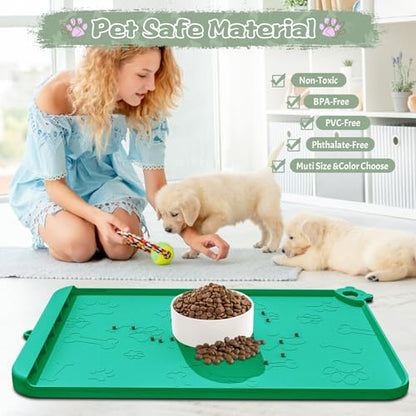 Silicone Pet Feeding Mat - Waterproof Dog & Cat Bowl Mat with Raised Edges, Hooks & Residue Collection Pocket - color: Turquoise Green, size: 36''x24''