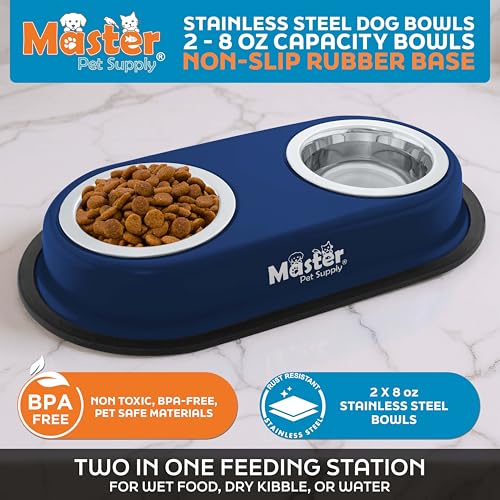 Master Pet Supply Double Dog Bowls Set with Elevated Base and 2 (8 oz) Stainless Steel Removable Dishes (Navy Blue) – Double Cat Food Water Bowl, Dog Puppy Food Bowl Set, Rust Resistant - color: Navy Blue
