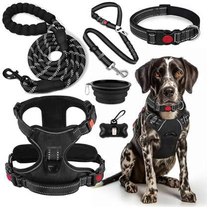 LOBEVE No Pull Dog Harness, Collar & Leash Set | Includes Dog Seat Belt, Collapsible Bowls & Poop Bag Dispenser. Ideal for Training, Walking, Hiking. Fits Small to Large Dogs(Black-M) - color: Black, size: Medium