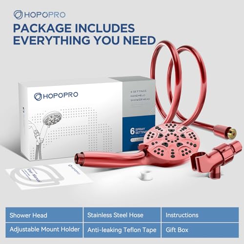 6-Mode High Pressure Handheld Shower Head Set, Consumer Reports Recommended HOPOPRO High Flow Hand Held Showerhead with 59 Inch Hose Bracket Teflon Tape Rubber Washers - color: Red, style: 6 Modes