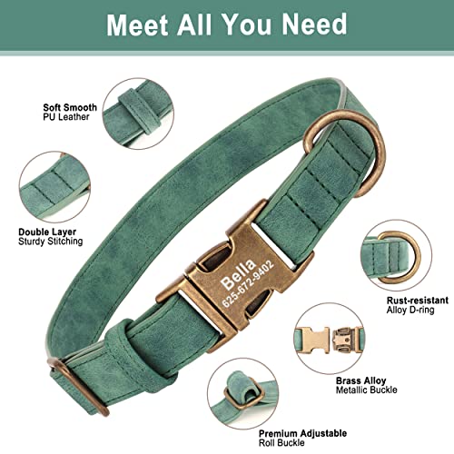 Personalized Dog Collars for Small Dogs, Custom Soft PU Leather Dog Collar with Engraved ID Name and Number, Adjustable and Durable Pet Collars with Quick Release Metal Buckle,S(10-16") - color: Bamboo Green-Engraving, size: Small: Fit 10-16" Neck