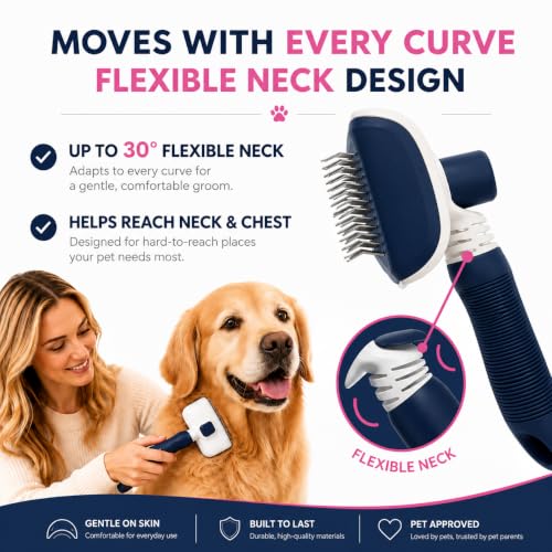 Self-Cleaning Flexible Neck Slicker Brush for Dogs & Cats, Grooming Brush for Deeper Reach with Long Stainless Steel Bristles, Deshedding & Detangling, Daily Use for Sensitive Skin