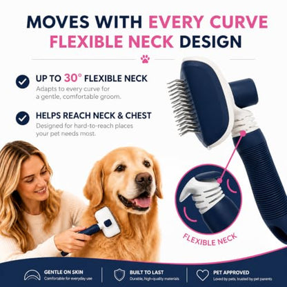 Self-Cleaning Flexible Neck Slicker Brush for Dogs & Cats, Grooming Brush for Deeper Reach with Long Stainless Steel Bristles, Deshedding & Detangling, Daily Use for Sensitive Skin
