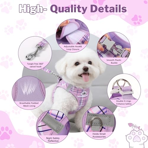 Gyuzh Dog Harness and Leash Set for Puppies - 3 Piece Step in No Pull Vest & Collar, Extra Small Kitten Harness, Breathable Reflective Plaid, Padded Leash (Purple, S) - color: Purple, size: S