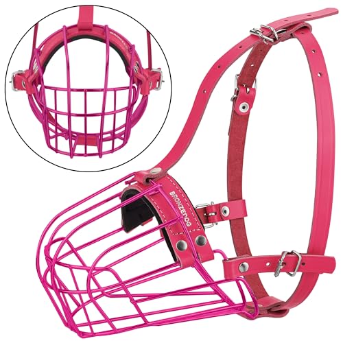 BRONZEDOG Pitbull Dog Muzzle Metal Mask Amstaff Wire Basket Pit Bull Adjustable Leather Straps for Large Dogs (Pink) - color: Leather, Pink Metal