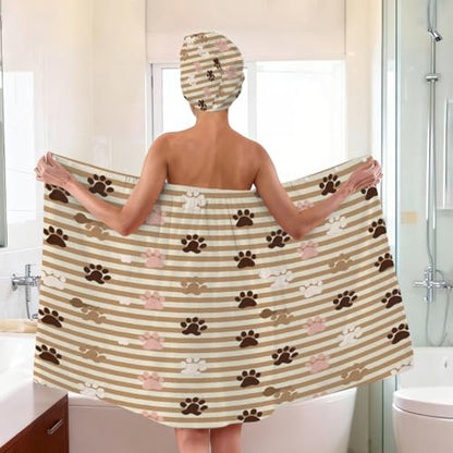 Dog Paw Stripes Microfiber Bathrobe and Hair Towel Wrap Set for Women Quick Dry Shower Towels Wrap Absorbent Soft Bath Robe and Hair Drying Cap for Spa After Shower
