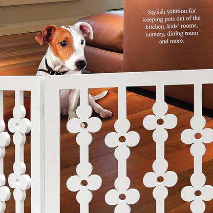 Etna White Floral Wooden Pet Gate - Freestanding Foldable Adjustable 3-Section Dog Gate. Extra Wide, Keeps Pets Safe Indoors/Outdoors - Fully Assembled