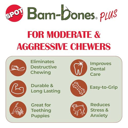 SPOT Bam-Bones Plus Branch -Bamboo Fiber & Nylon, Durable Long Lasting Dog Chew for Aggressive Chewers – Great Toy for Adult Dogs & Teething Puppies Under 90lbs, Non-Splintering, 9.5in, Beef Flavor - size: 9.5 inch (Pack of 1)
