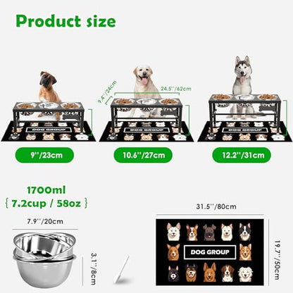 SHAINFUN Metal Elevated Dog Bowls Stand for Large Dogs with Mat & Three 58oz Food Water Bowls, Adjustable Height Raised Dog Bowl Stand - color: Black-1.7L-Three