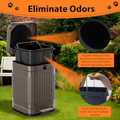 Dog Poop Trash Can Outside, 5L/1.3Gal Metal Dog Waste Trash Can with Lid, Foot Pedal, Pet Waste Container with 40 Bags, Poop Bucket with Lid Soft Close for Pet, Brown - size: 5L Brown Trash Can
