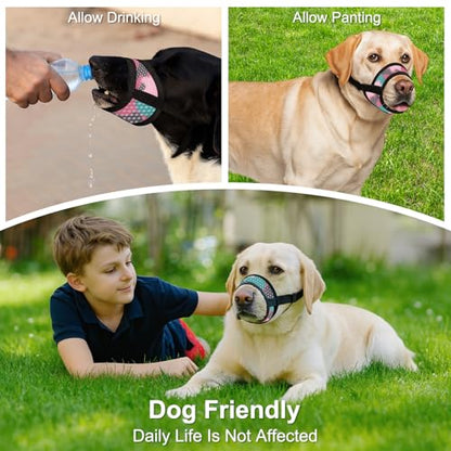 Dog Muzzle with Escape-Proof Elastic Neck Collar, Soft Breathable Air Mesh Mouth Cover Stops Biting Barking Chewing Allows Drinking Panting, Adjustable Muzzle for Small Medium Large Dogs - color: Black/Pink, size: S